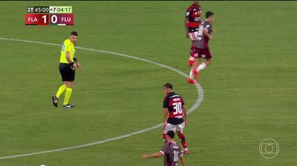Cartão amarelo de De la Cruz do Flamengo contra o Fluminense